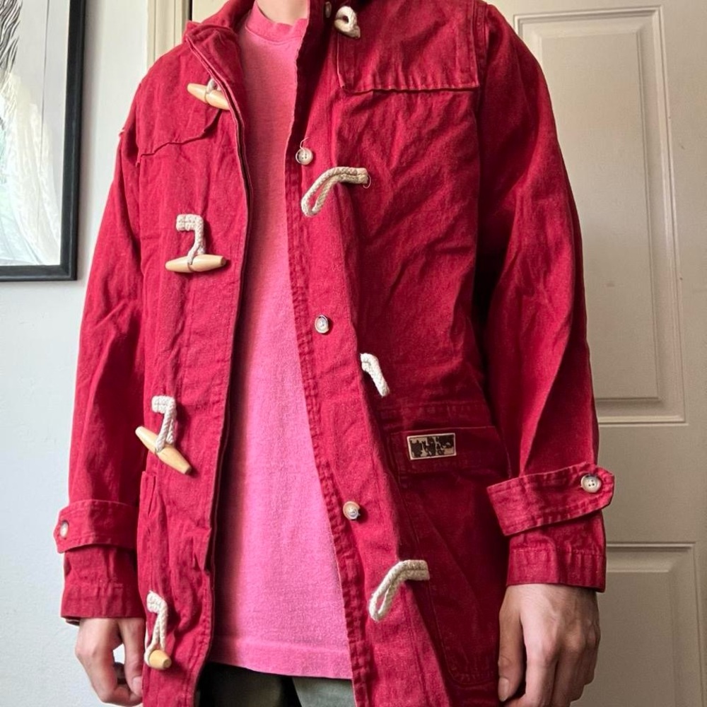 Denim&Co Red Trench Coat with Toggle Closures